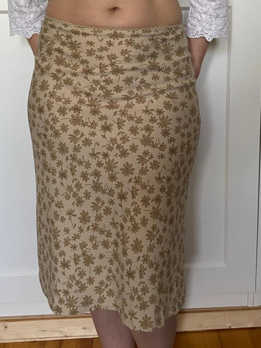 Cute Coquette Neutral Floral Midi Skirt - Beige Floral Print